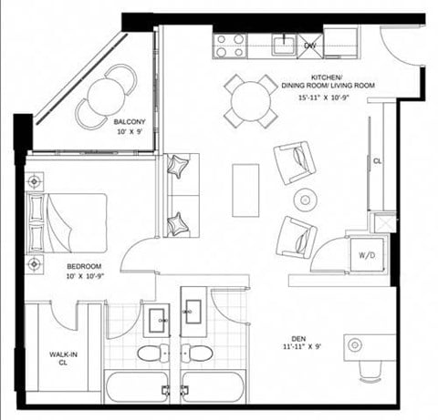 Floor plan for 1 bed, 2 baths, 798 sqft